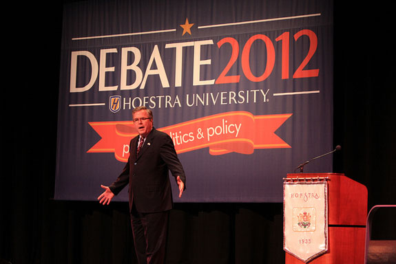Former Florida Governor Jeb Bush discussed immigration policy, education, the economy, and why he chose not to run for president in 2012 during a speech at the John Cranford Adams Playhouse September 19, 2012, as part of Hofstra University’s Debate 2012 fall semester Signature Speaker Series.