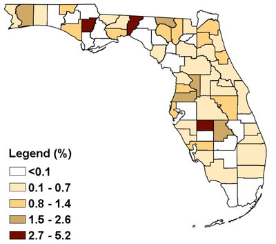 Percentage of children in Florida with elevated lead blood levels in 2007. (Courtesy of Centers for Disease Control and Prevention.)
