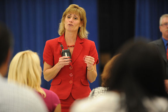 Florida Education Association Vice President Joanne McCall speaks to staff at Lee Middle School in Orlando. (Photo courtesy of the National Education Association.)