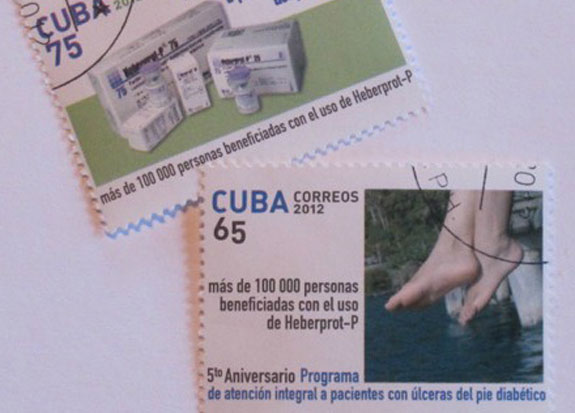 Cuban postage stamps touting the country’s efforts to save limbs of diabetics. (Photo by Andrew Schneider.)